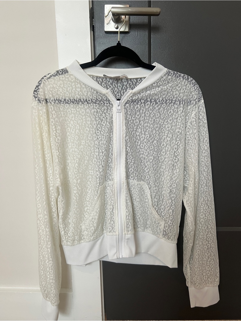 EleVen by Venus Williams White Sheer Lace Zip Bomber Jacket